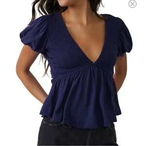 Free People Open Back‎ Smocked Top – Blue Cotton, Size Large